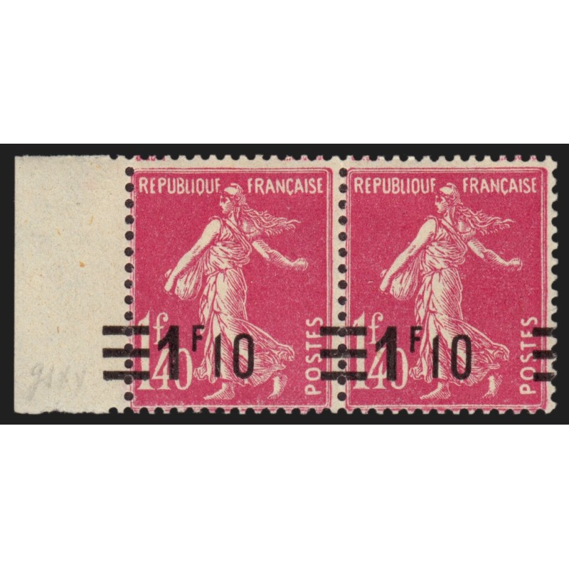 n°228, variété "surcharge à cheval", Semeuse 1fr10 sur 1fr40 rose, neuf ** - TB