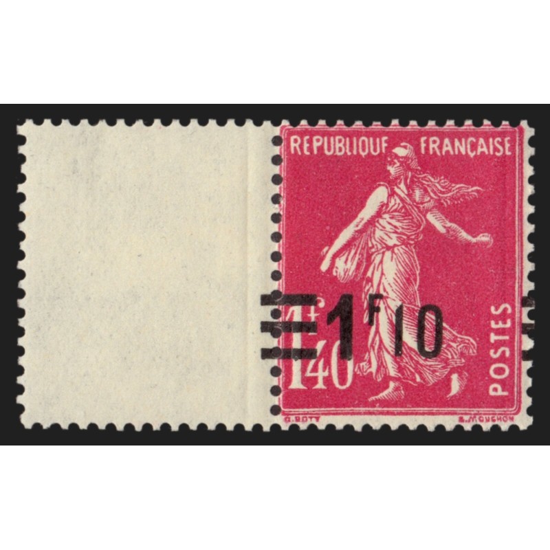 n°228, variété "surcharge à cheval", Semeuse 1fr10 sur 1fr40 rose, neuf ** TB