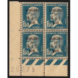 n°265, bloc de quatre, Congrès BIT Paris, Pasteur 1fr50 bleu, neuf ** - TB
