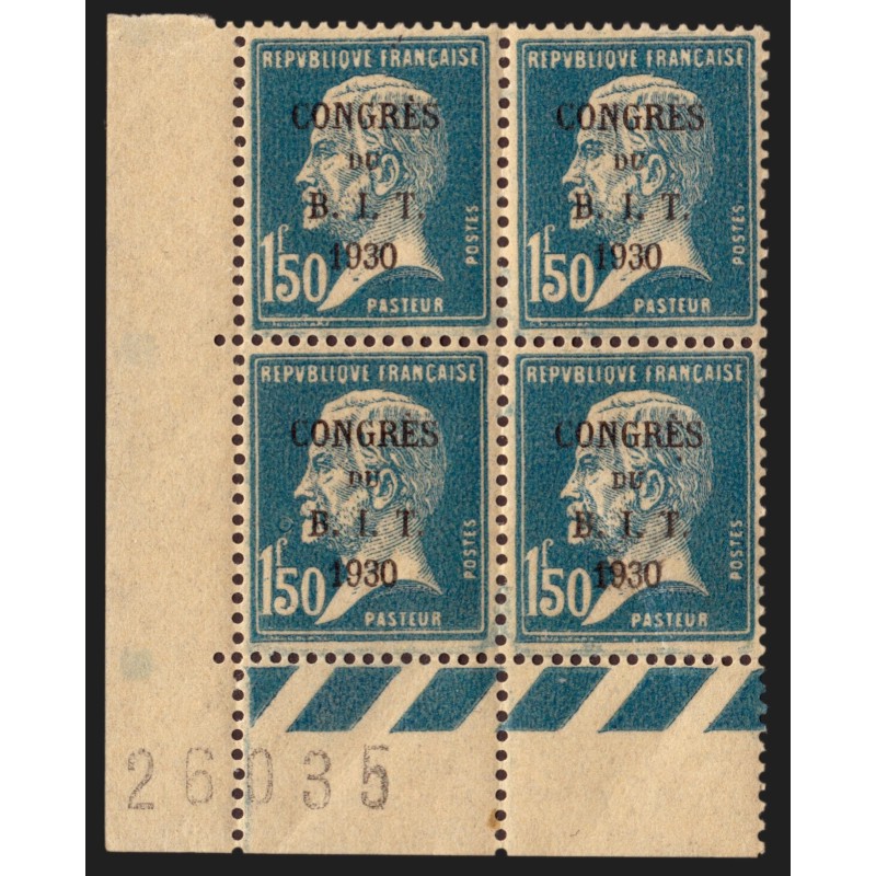 n°265, bloc de quatre, Congrès BIT Paris, Pasteur 1fr50 bleu, neuf ** - TB