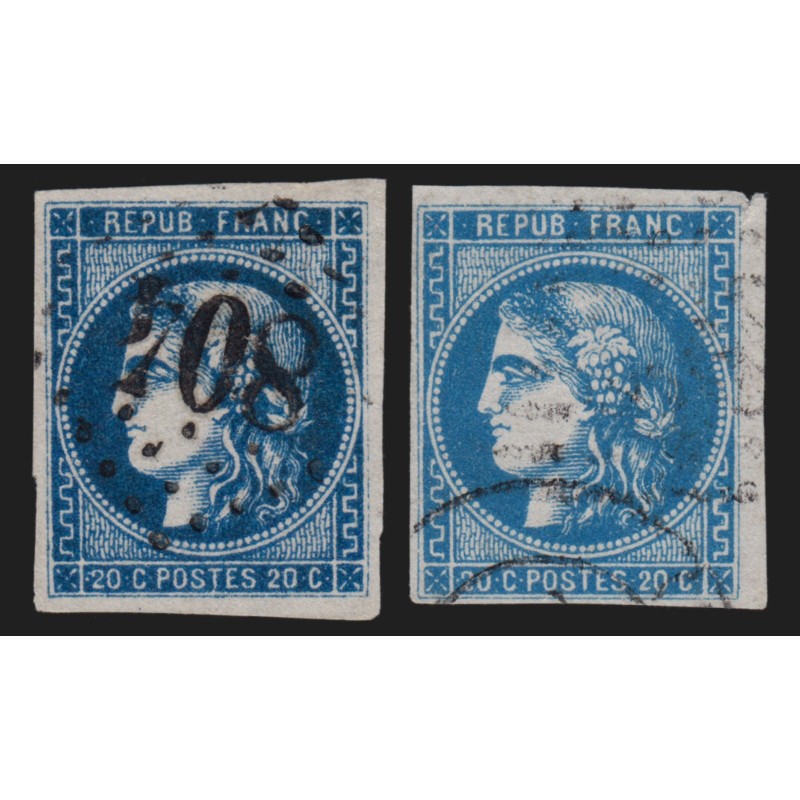 n°46Ba nuance très-foncé + normal, Cérès Bordeaux 20c bleu, oblitérés - TB n°46Ba nuance très-foncé + normal, Cérès Bordeaux 20c bleu, oblitérés - TB