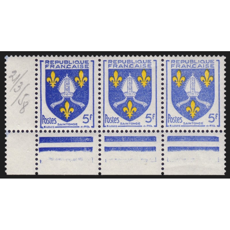 n°1005, variété "couleurs dégradées" en bande de 3, Saintonge, neufs ** SUPERBE