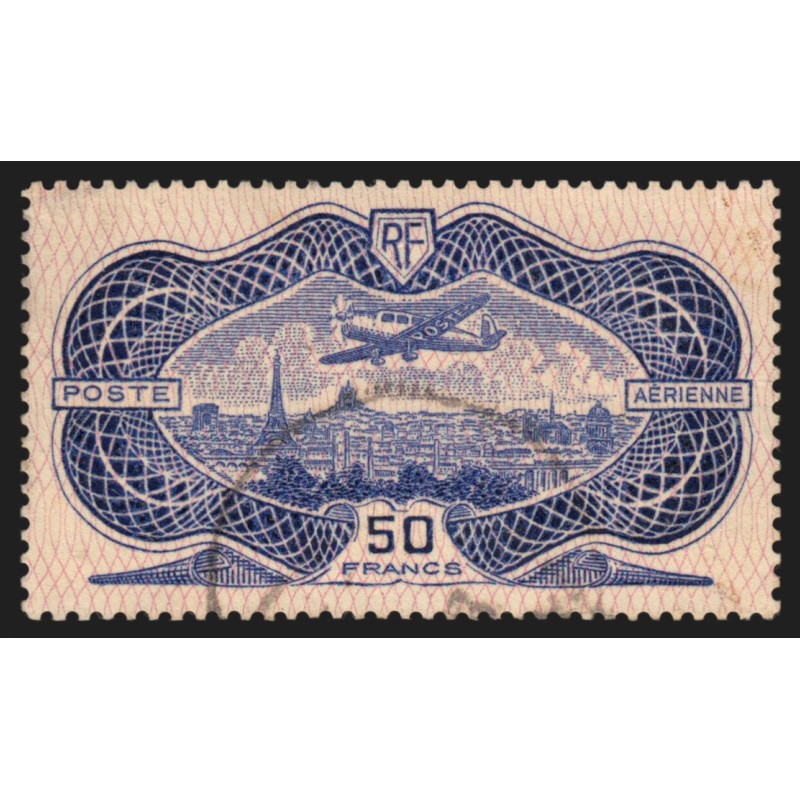 Poste Aérienne n°15, 50Fr outremer, burelage rose, oblitéré - TB