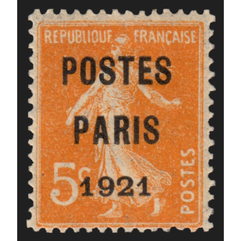 Préoblitérés n°27, Semeuse 5c orange POSTES PARIS 1921, neuf * - TB