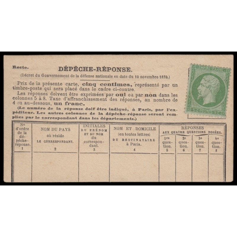 n°20, Napoléon III Empire dentelé, 5c vert, neuf sur dépêche-réponse, neuve