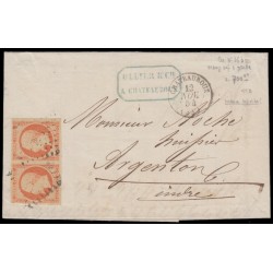 n°16, paire, 40c ORANGE-VIF, oblitéré Châteauroux, lettre pour Argenton - TB