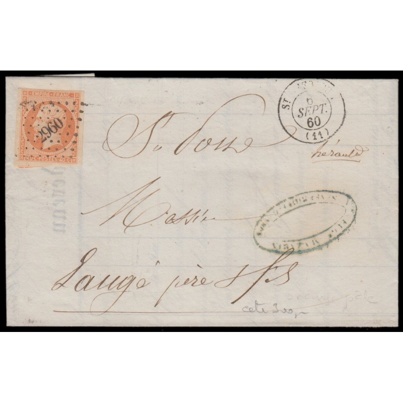 n°16, 40c orange, oblitéré PC 2960 SAINT-AFFRIQUE Aveyron sur lettre - TB
