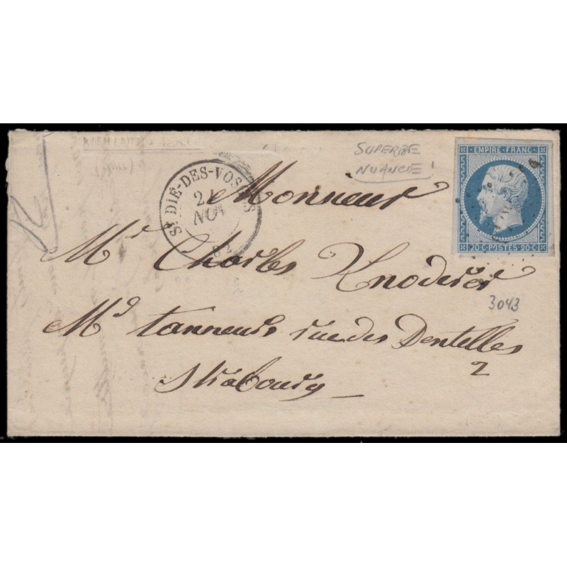 n°14Af, 20c BLEU-LAITEUX, oblitéré PC 3043 SAINT-DIE-DES-VOSGES pour Strasbourg