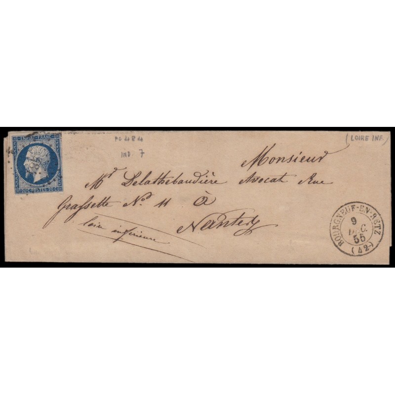 n°14Aa, 20c BLEU-FONCÉ, oblitéré PC 484 BOURGNEUF-EN-RETZ s/lettre pour Nantes