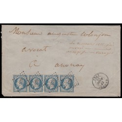 n°14Af, bande de quatre, 20c BLEU-LAITEUX, oblitéré PC 579 CAGNES sur lettre