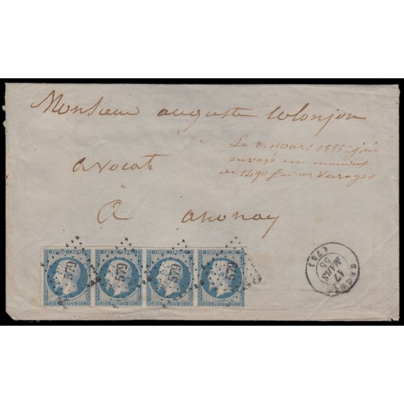 n°14Af, bande de quatre, 20c BLEU-LAITEUX, oblitéré PC 579 CAGNES sur lettre