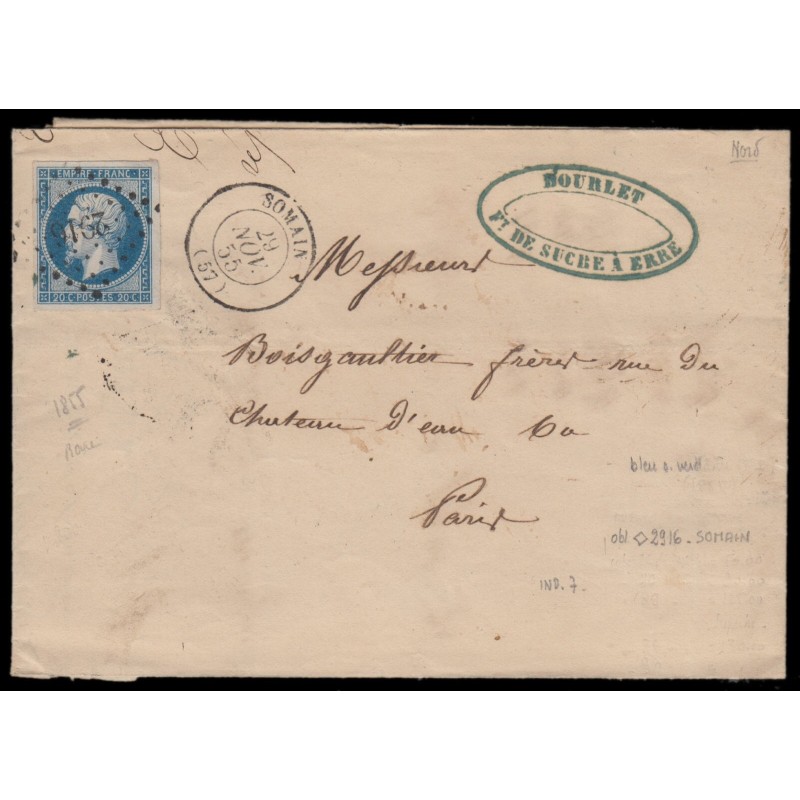 n°14A, 20c bleu, oblitéré PC 2916 SOMAIN sur lettre pour Paris - SUPERBE