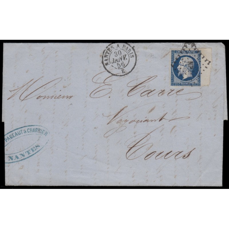n°14Aa, bord de feuille, 20c BLEU-TRÉS-FONCÉ, oblitéré ambulant NP pour Tours