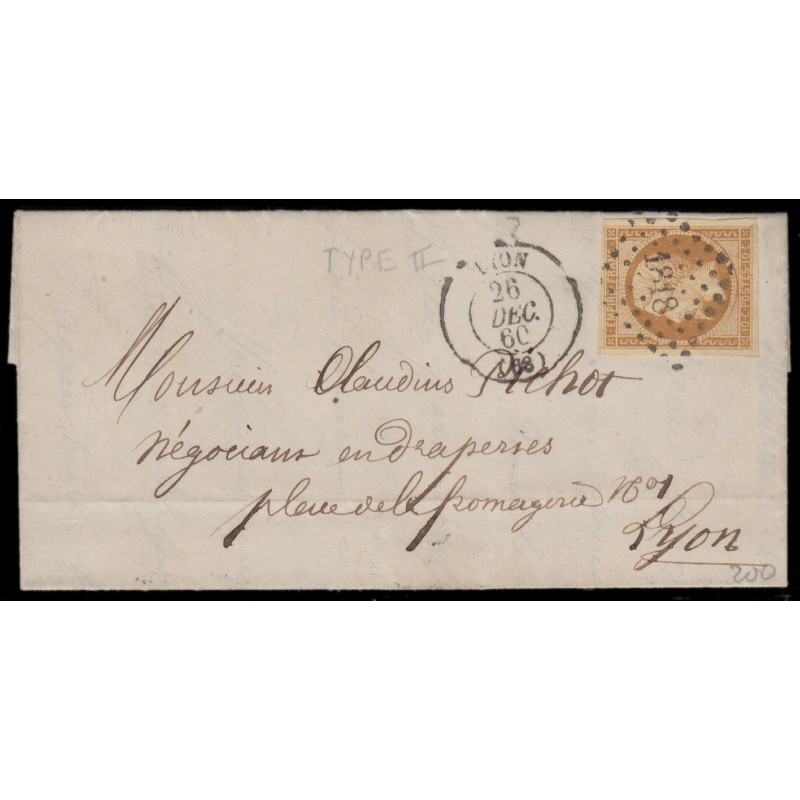 n°13B, 10c brun-clair, Type II, oblitéré PC 1818 LYON sur lettre locale - TB
