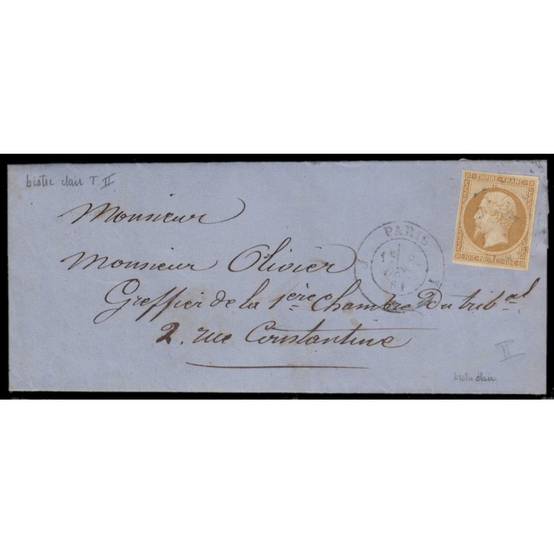 n°13Bc, 10c BISTRE, oblitéré bureau de Paris J sur lettre 1861 - TB