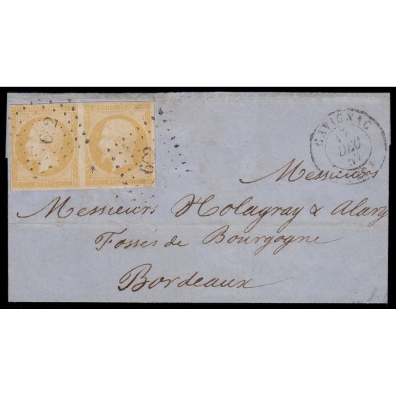 n°13Ag, 10c BISTRE-JAUNE en paire, oblitéré PC 662 CAVIGNAC sur lettre - B/TB