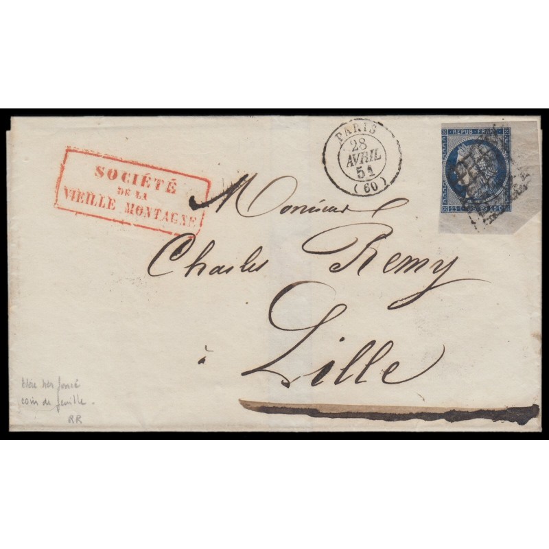 n°4a, coin de feuille, Cérès 25c bleu-foncé, oblitéré grille + càd PARIS - B/TB