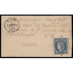 n°4, Cérès non-dentelé 25c bleu, oblitéré PC 1096 DIEPPE lettre pour Rouen - TB