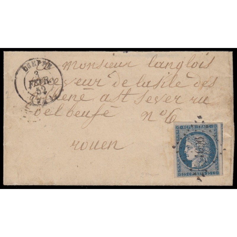 n°4, Cérès non-dentelé 25c bleu, oblitéré PC 1096 DIEPPE lettre pour Rouen - TB