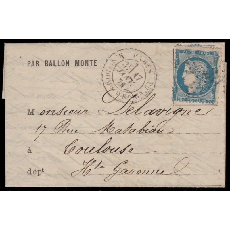 Ballon monté "Le Poste de Paris" 17/JANV./1871 pour Toulouse, Certificat ROUMET