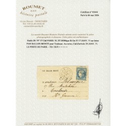 Ballon monté "Le Poste de Paris" 17/JANV./1871 pour Toulouse, Certificat ROUMET