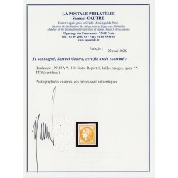 n°43A, Cérès de Bordeaux, 10c bistre, R1, neuf quasi ** , Certificat - TTB