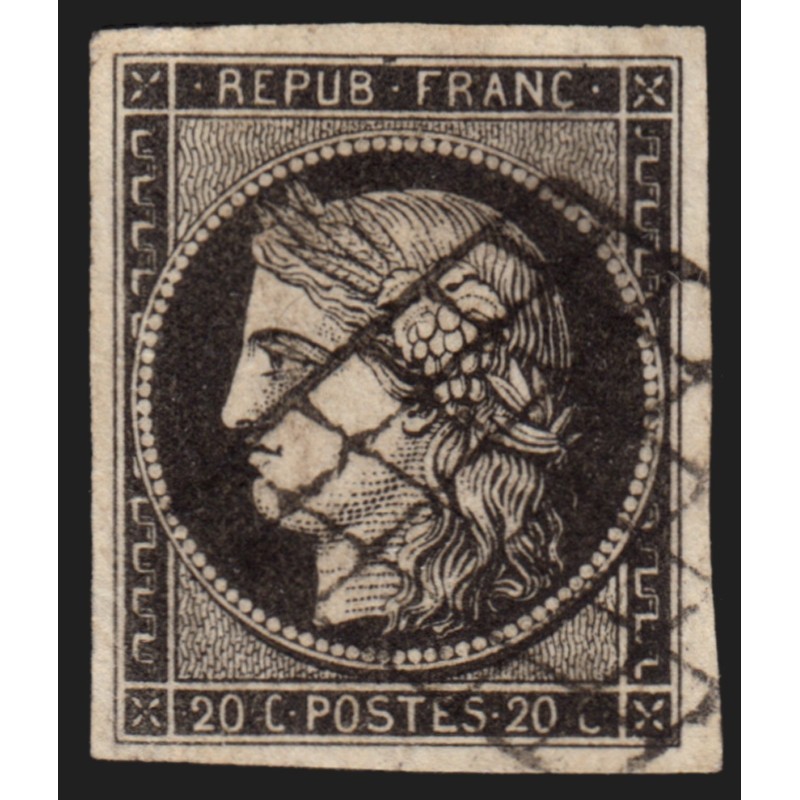 n°3a, Cérès 1849, 20c noir sur blanc, oblitéré grille noire - TB