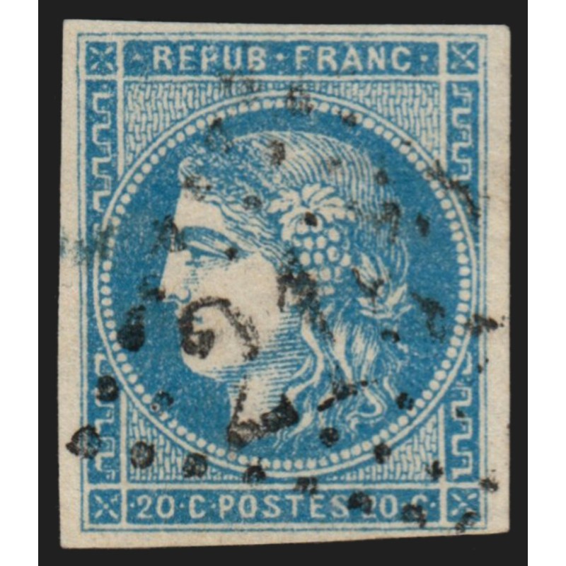 n°45A, Cérès de Bordeaux, 20c bleu, Type II, Report 1, oblitéré - TB
