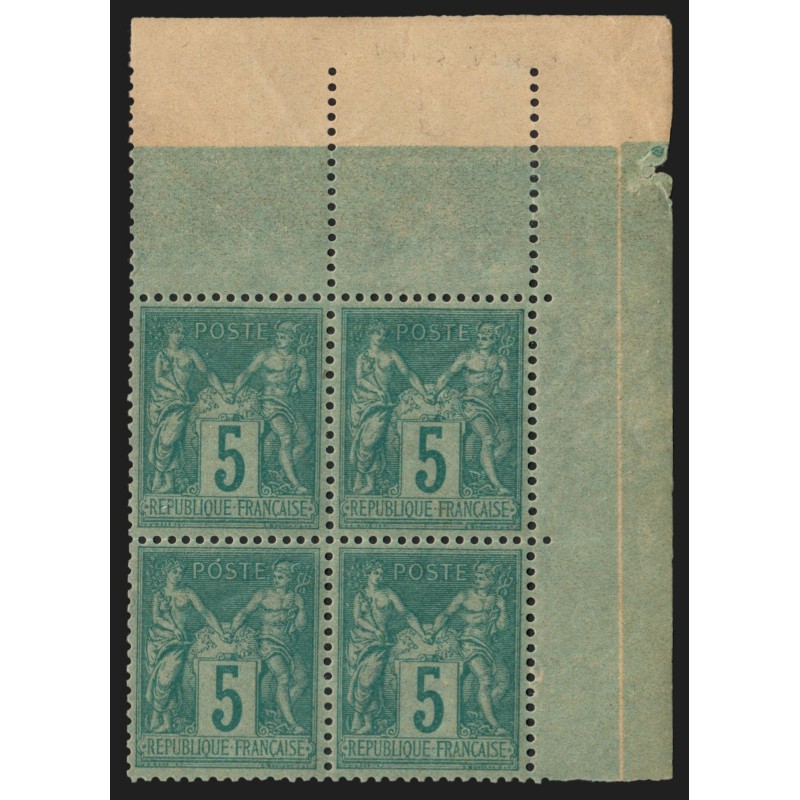 n°75, bloc coin de feuille, Sage 5c vert-sur-verdâtre, neuf **/* - TTB D'ASPECT