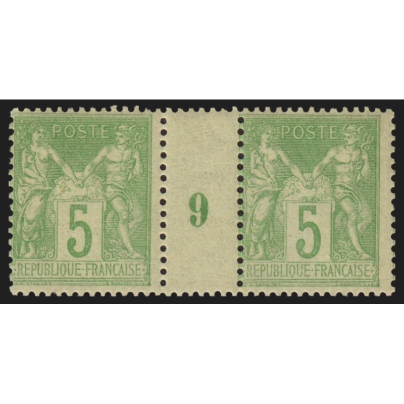 n°102, paire millésime 9, Sage 5c vert-jaune, N sous B, neuf ** - TB