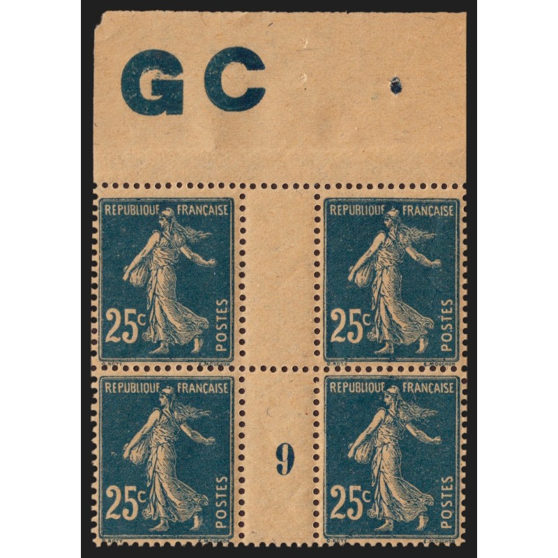 n°140, avec manchette GC et millésime 9, Semeuse 25c bleu, neufs ** - SUPERBE