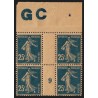 n°140, avec manchette GC et millésime 9, Semeuse 25c bleu, neufs ** - SUPERBE