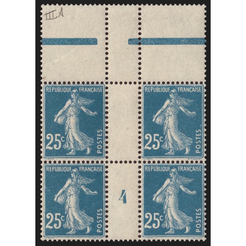 n°140h, Type IIIA, bloc millésime 4, Semeuse 25c bleu, neufs ** - SUPERBE