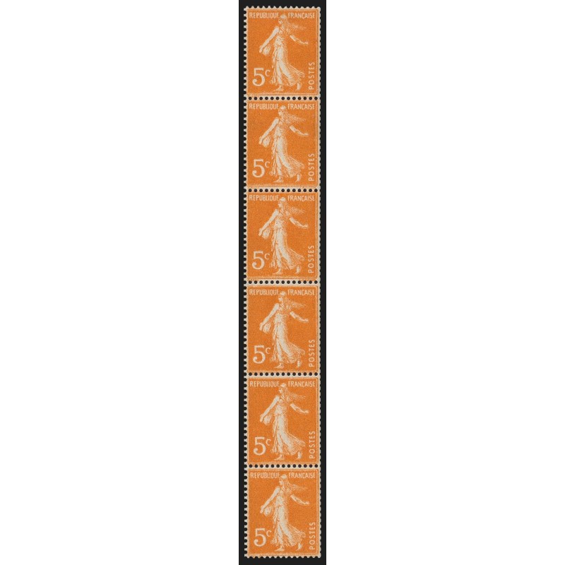 n°158c, bande de 6 issue de roulettes, Semeuse 5c orange, neufs ** - SUPERBE