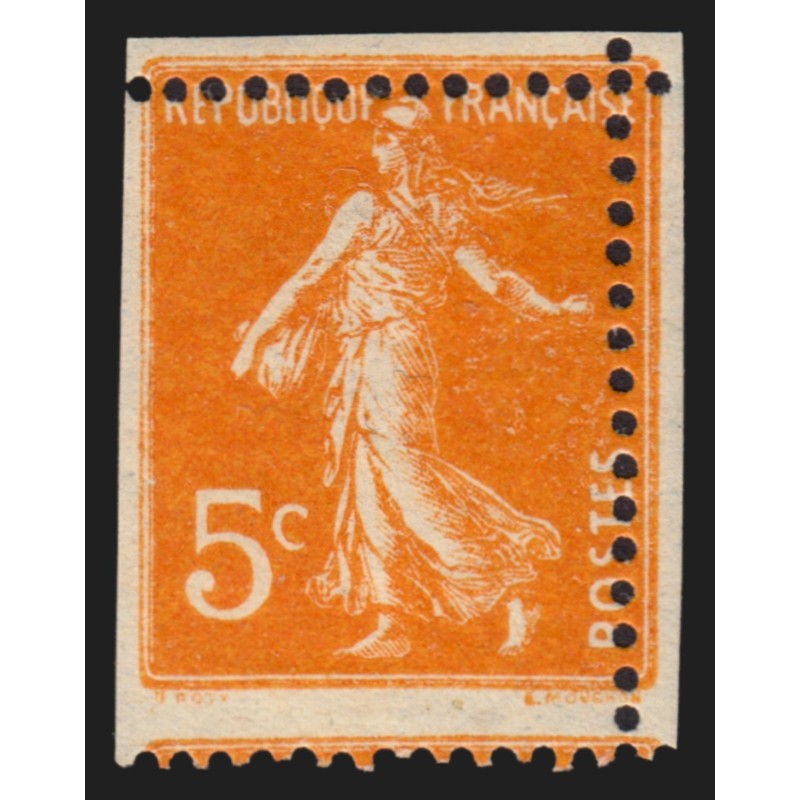 n°158, variété "dentelé sur 3 côtés", Semeuse 5c orange, neuf * - SUPERBE