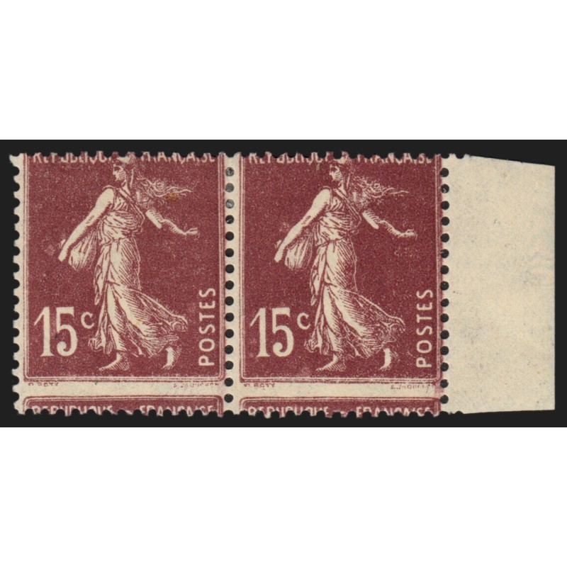 n°189g, variété "piquage à cheval" paire, Semeuse 15c brun-lilas, neuf * - TB
