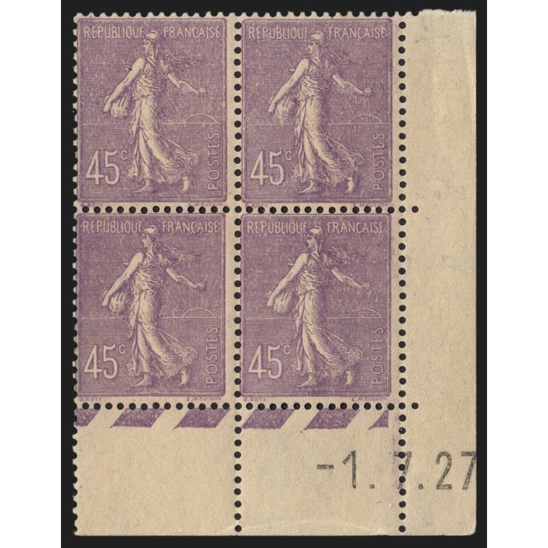 n°197a, coin daté 1927, Semeuse lignée 45c lilas-clair, neuf ** sans charnière