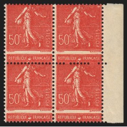 n°199t, variété "piquage à cheval", Semeuse lignée 50c rouge, neufs ** SUPERBE
