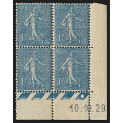 n°205, bloc de quatre coin daté 1929, Semeuse 1fr bleu-pâle, neuf ** - TB