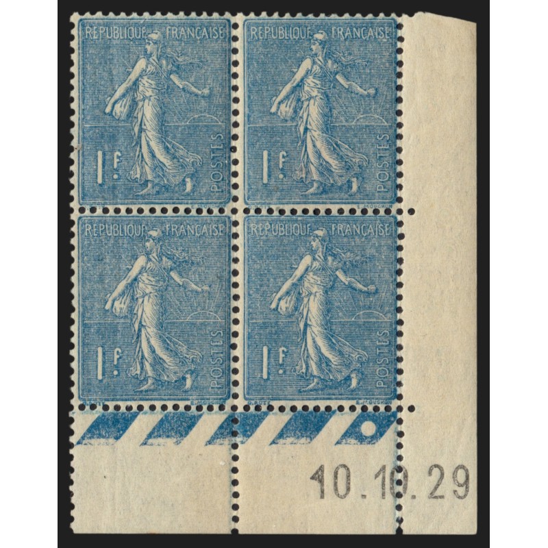 n°205, bloc de quatre coin daté 1929, Semeuse 1fr bleu-pâle, neuf ** - TB