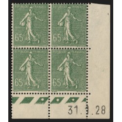 n°234, bloc de quatre coin daté 1928, Semeuse lignée 65c olive, neuf ** - TB