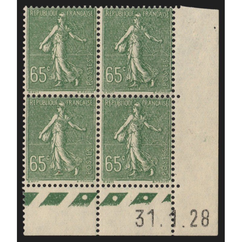 n°234, bloc de quatre coin daté 1928, Semeuse lignée 65c olive, neuf ** - TB