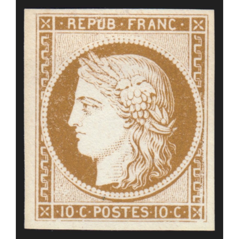 n°1, Cérès 1849, 10c bistre, essai dans la couleur, papier carton, neuf (*) TB