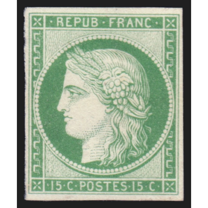 n°2, Cérès 1849, 15c vert, essai dans la couleur, papier carton, neuf (*) - TB