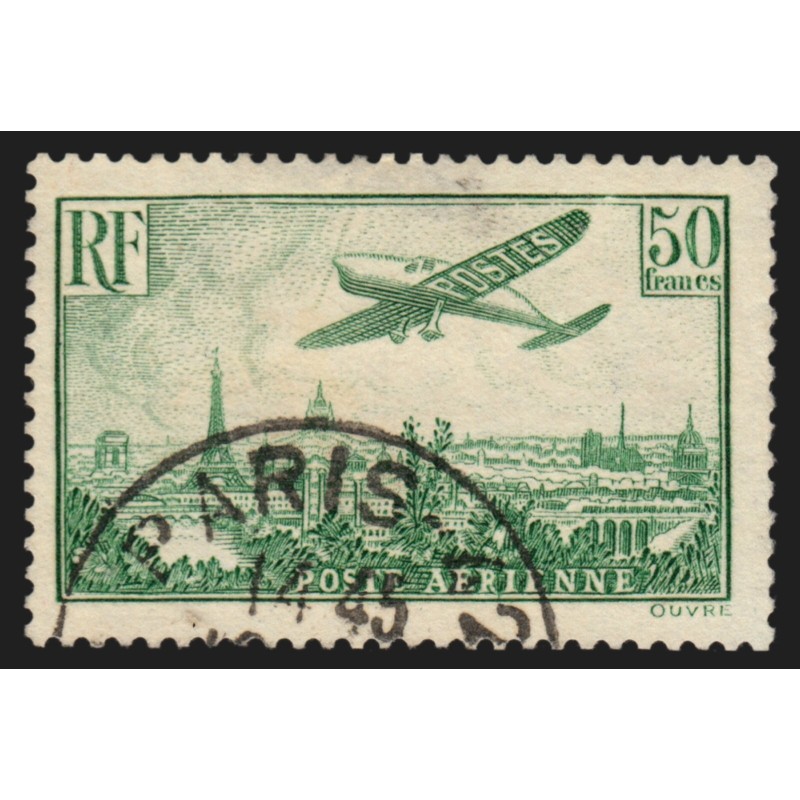 Poste Aérienne n°14, 50Fr vert-jaune, oblitéré, signé CALVES - B/TB