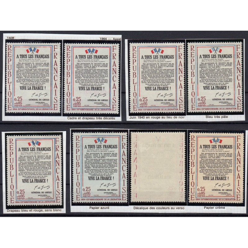 n°1408, Appel de 18 juin 1940, lot de 7 variétés, neufs ** sans charnière - TB