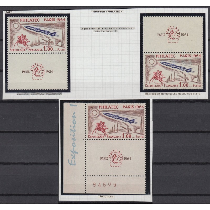 n°1422, Philatec, lot de 2 variétés + normal dont n°1422d fond rose numéroté **