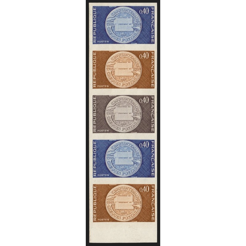 n°1542, essais de couleurs en bande de 5, Chèques postaux 1968, neufs ** - TB