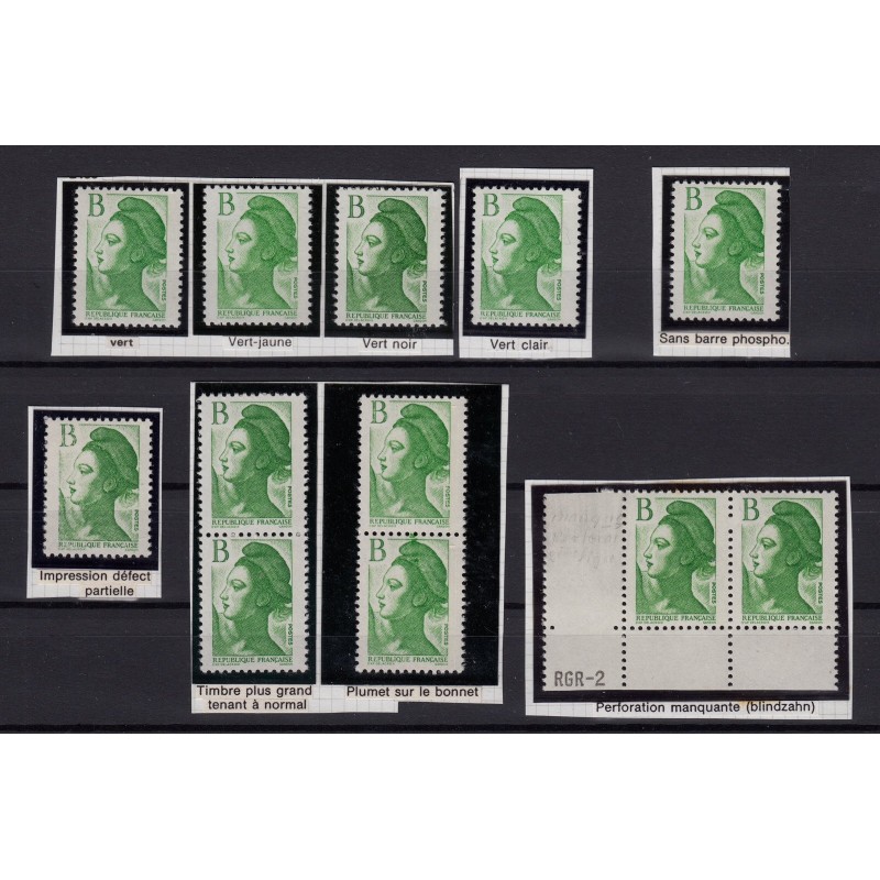 n°2483, lot de 9 variétés / nuances, Liberté de Gandon, lettre B vert, neufs **