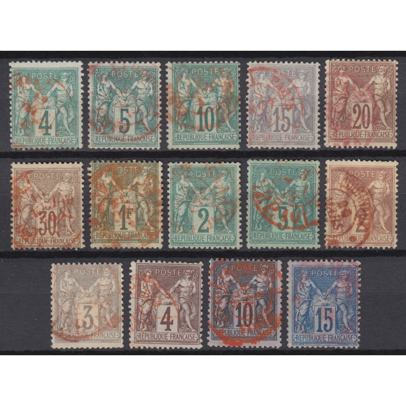 France 1876/1890 - Lot de 14 oblitérations ROUGE sur types Sage - B/TB